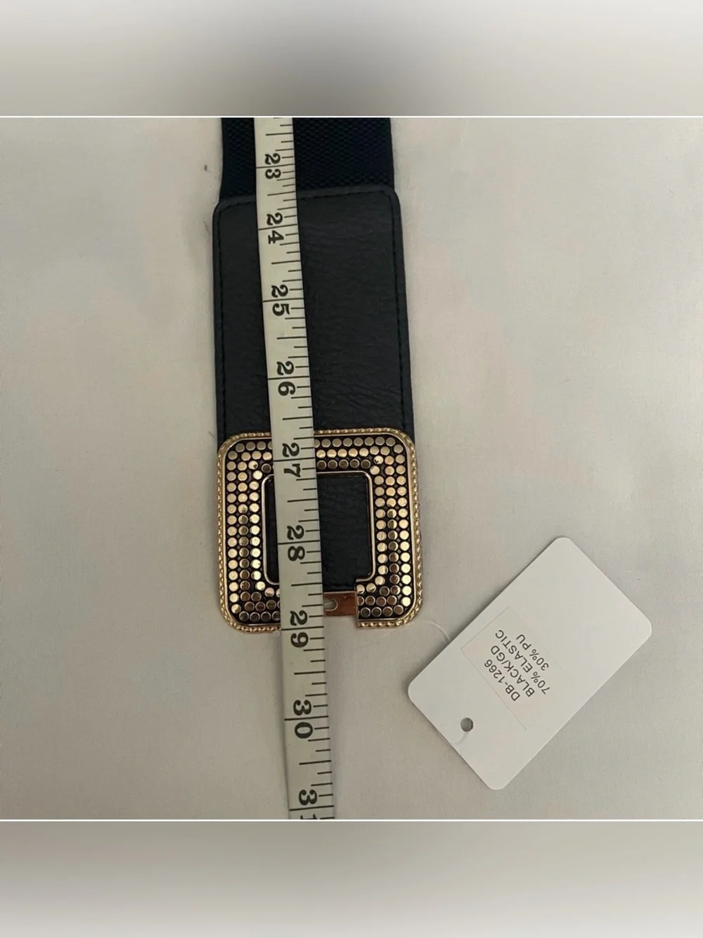Black PU leather gold tone buckle elastic waistband belt
